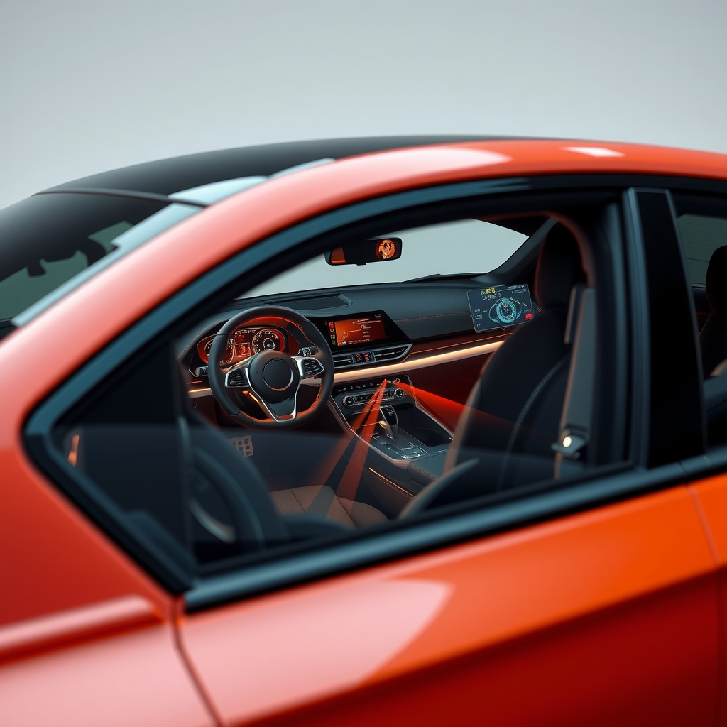 Un auto moderno con su interior iluminado, destacando la tecnología avanzada en su tablero y sistemas de asistencia al conductor.