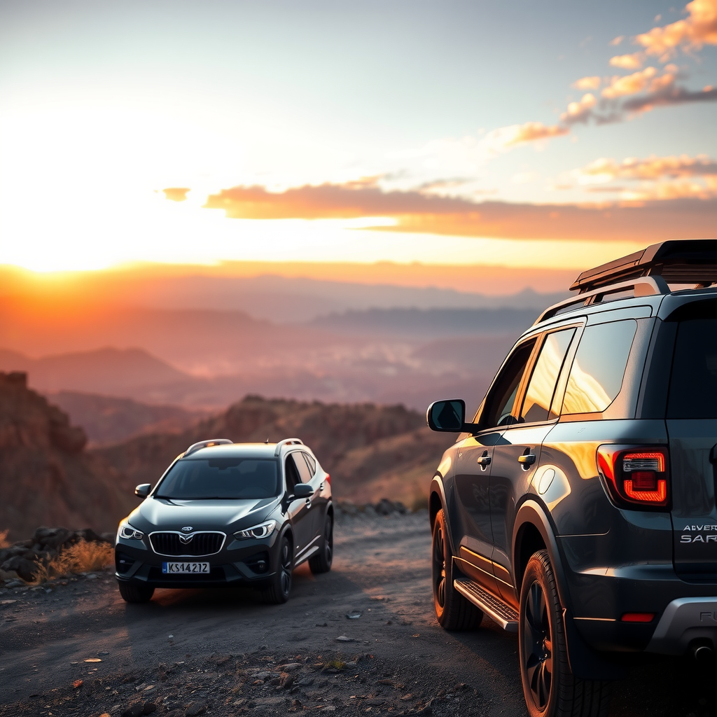 Un coche tipo SUV estacionado en un mirador con vistas a un valle montañoso espectacular en el norte de Argentina al atardecer.