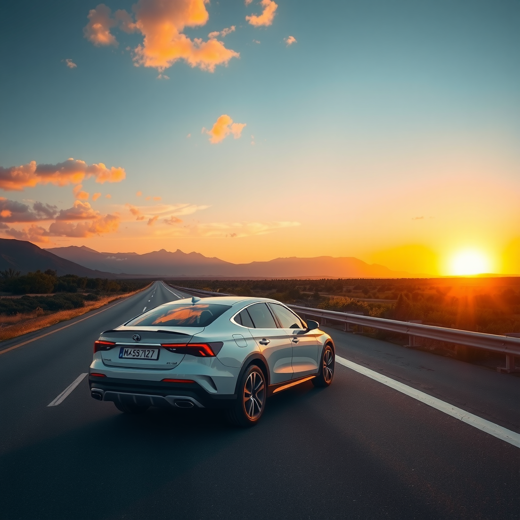 Un auto moderno en una carretera escénica al atardecer, simbolizando la libertad de un viaje por carretera bien planificado.