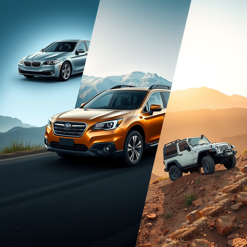Una composición de tres vehículos: un sedán elegante en una ciudad, un SUV en una ruta de montaña y un 4x4 atravesando un terreno rocoso, representando las opciones para Argentina.