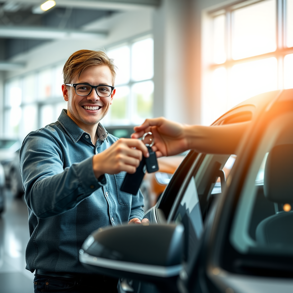 Una persona sonriente recibiendo las llaves de su nuevo auto de un vendedor en una concesionaria moderna y bien iluminada.