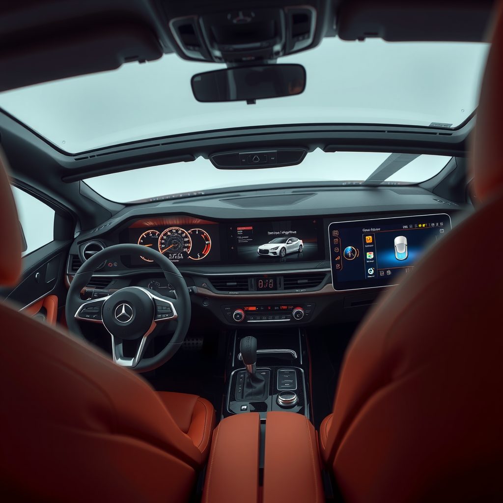 Vista panorámica del interior de un coche moderno, destacando el tablero digital y la pantalla de infoentretenimiento iluminada.