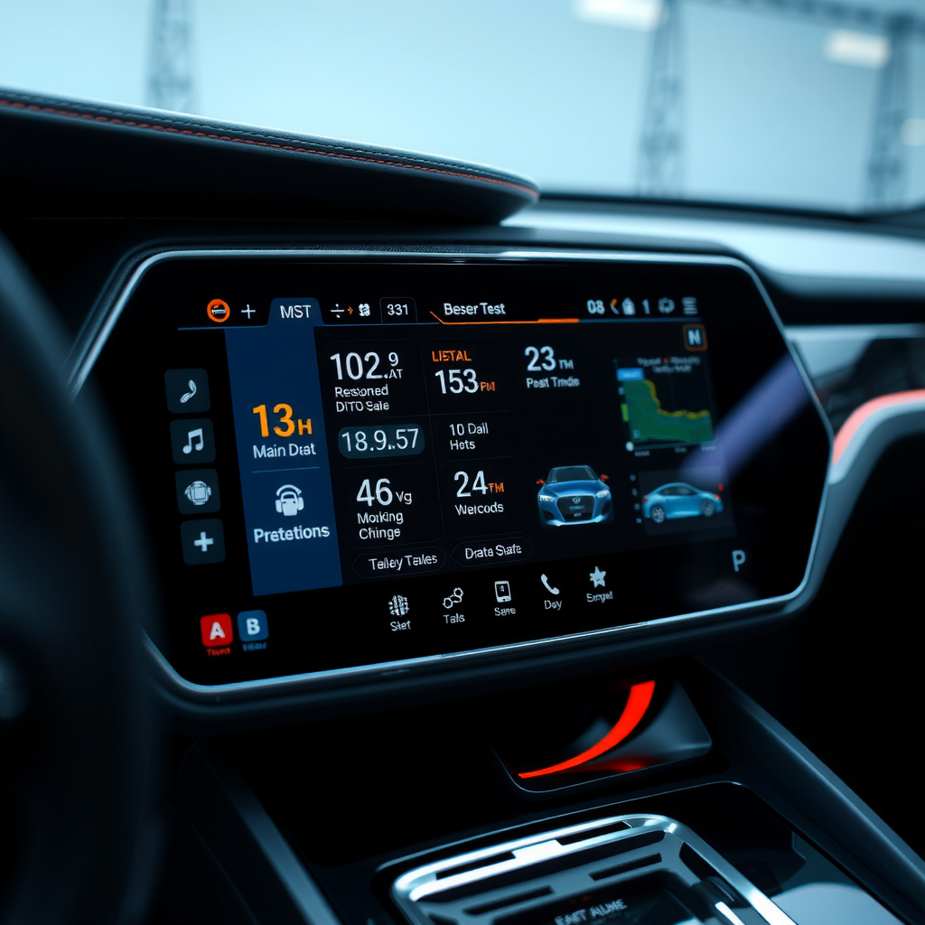 Una interfaz de pantalla táctil futurista mostrando datos y opciones de vehículos, representando la innovación tecnológica.