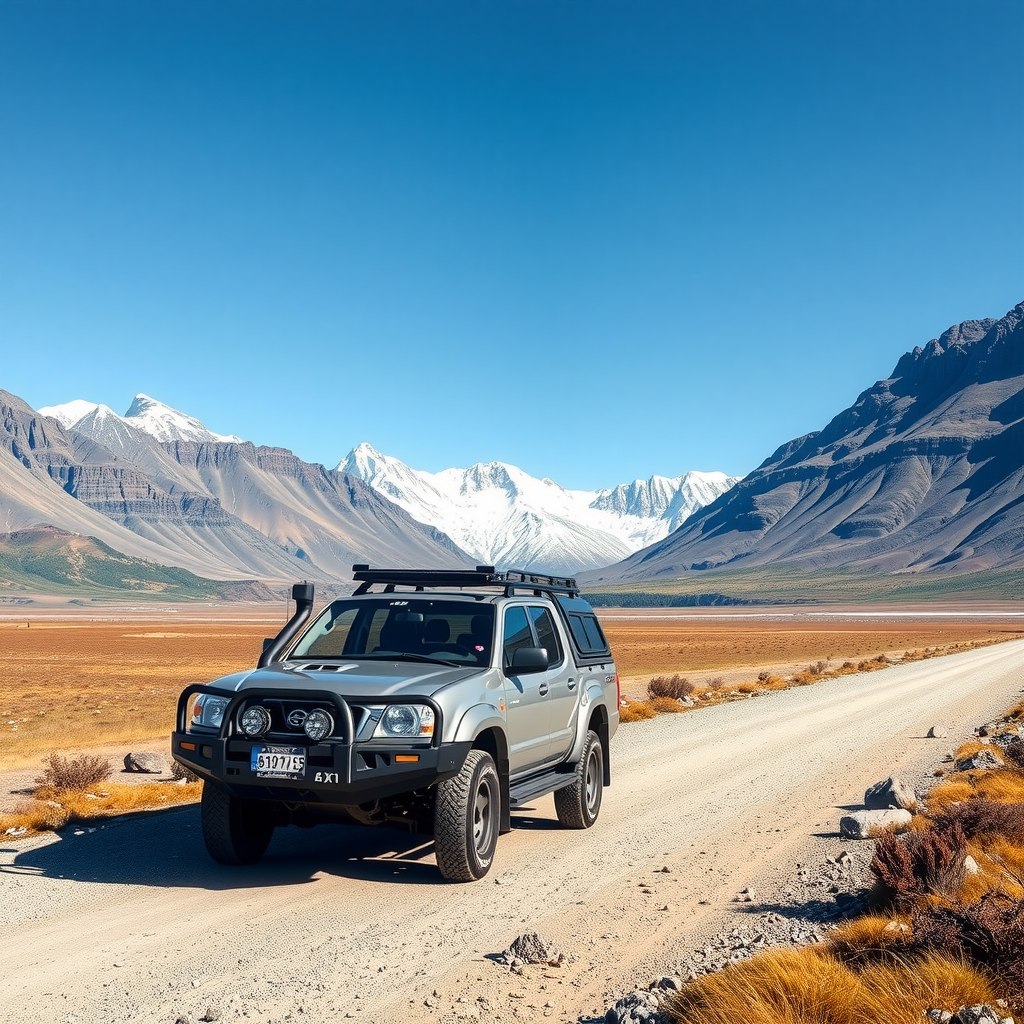 Una camioneta 4x4 en un camino de ripio con las montañas de la Patagonia argentina al fondo, bajo un cielo azul despejado.