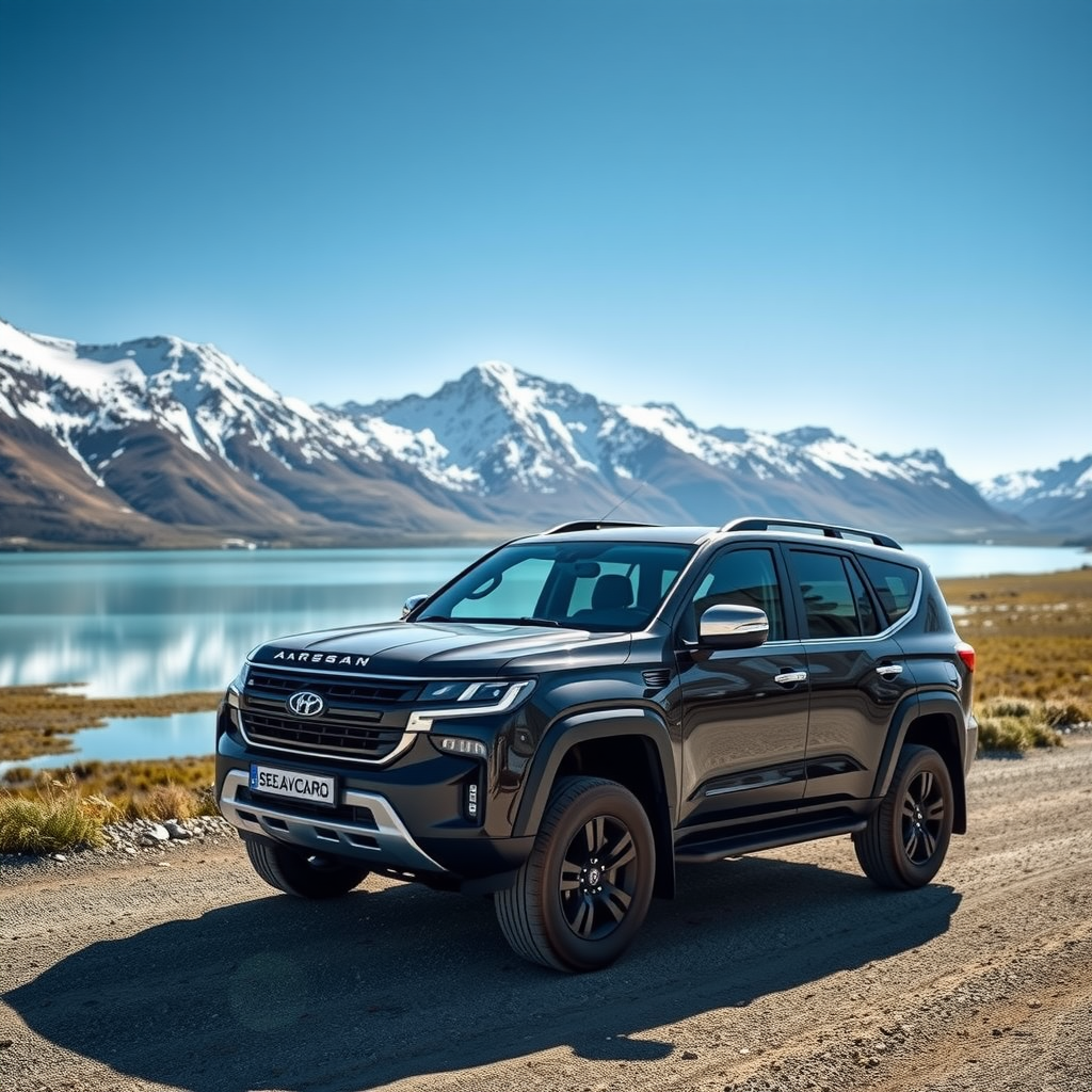 Una camioneta 4x4 moderna avanzando por un camino de ripio en la Ruta de los Siete Lagos en Argentina, con montañas nevadas y un lago azul cristalino al fondo.