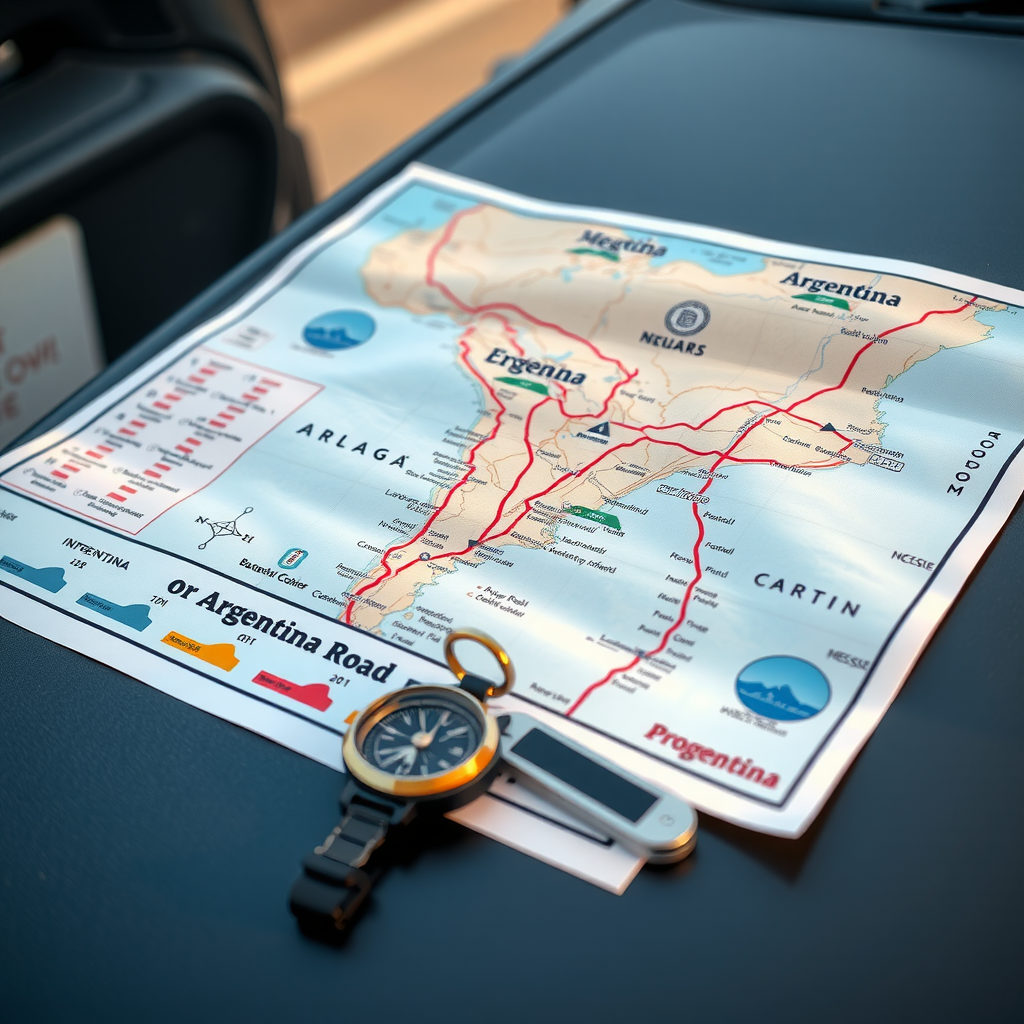 Primer plano de un mapa de rutas de Argentina desplegado sobre el capó de un coche, con una brújula y unas llaves al lado.