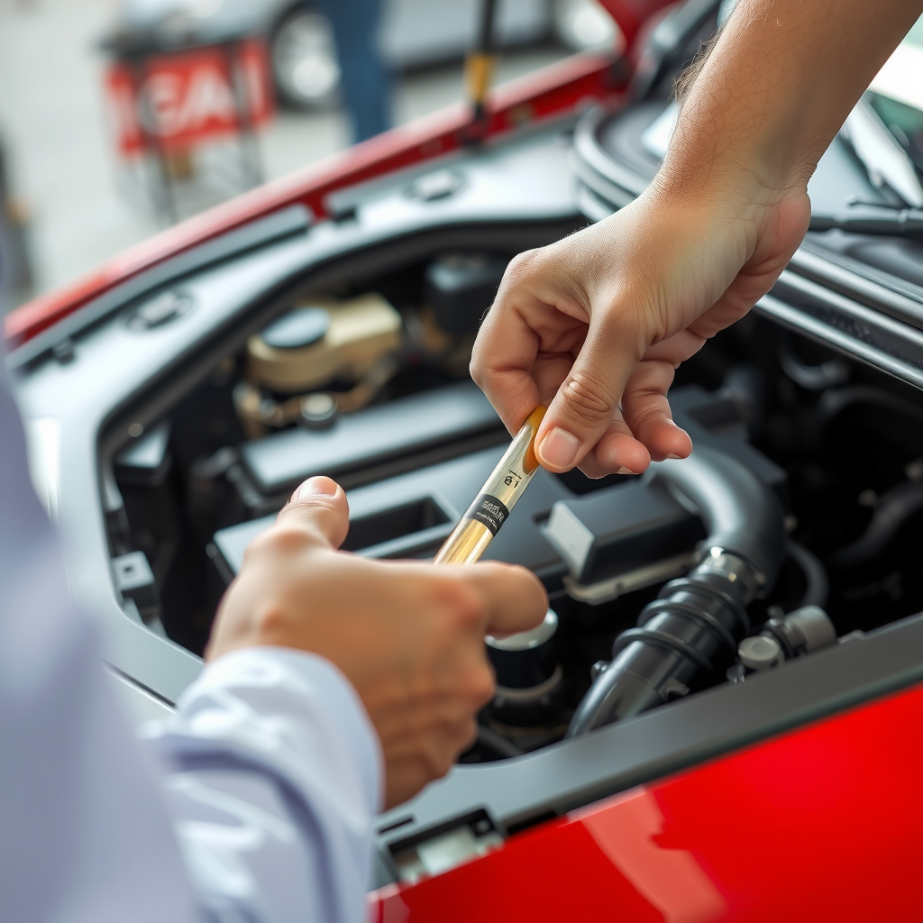 Primer plano de una persona revisando la varilla del nivel de aceite de un motor de auto limpio y bien mantenido.