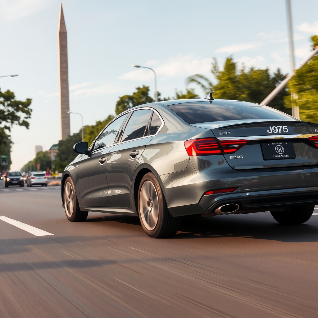 Un sedán moderno de color gris oscuro circulando con fluidez por la Avenida 9 de Julio en Buenos Aires, con el Obelisco de fondo.