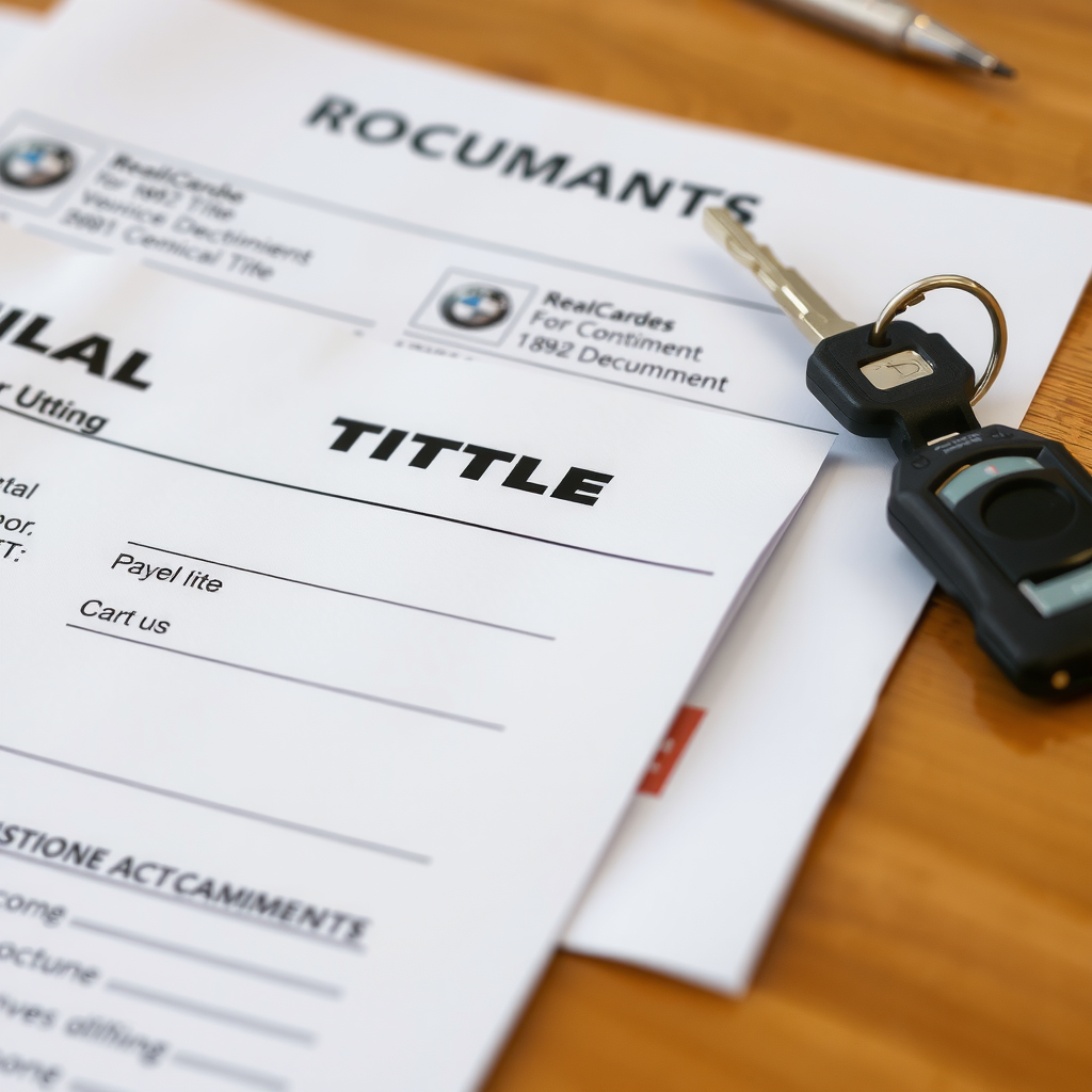 Primer plano de varios documentos de un vehículo, como el título del automotor y la cédula verde, extendidos sobre un escritorio de madera junto a unas llaves y un bolígrafo.