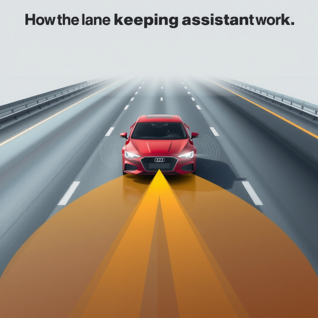 Gráfico que ilustra cómo funciona el asistente de mantenimiento de carril, mostrando un coche centrado entre las líneas de la carretera con sensores activos.