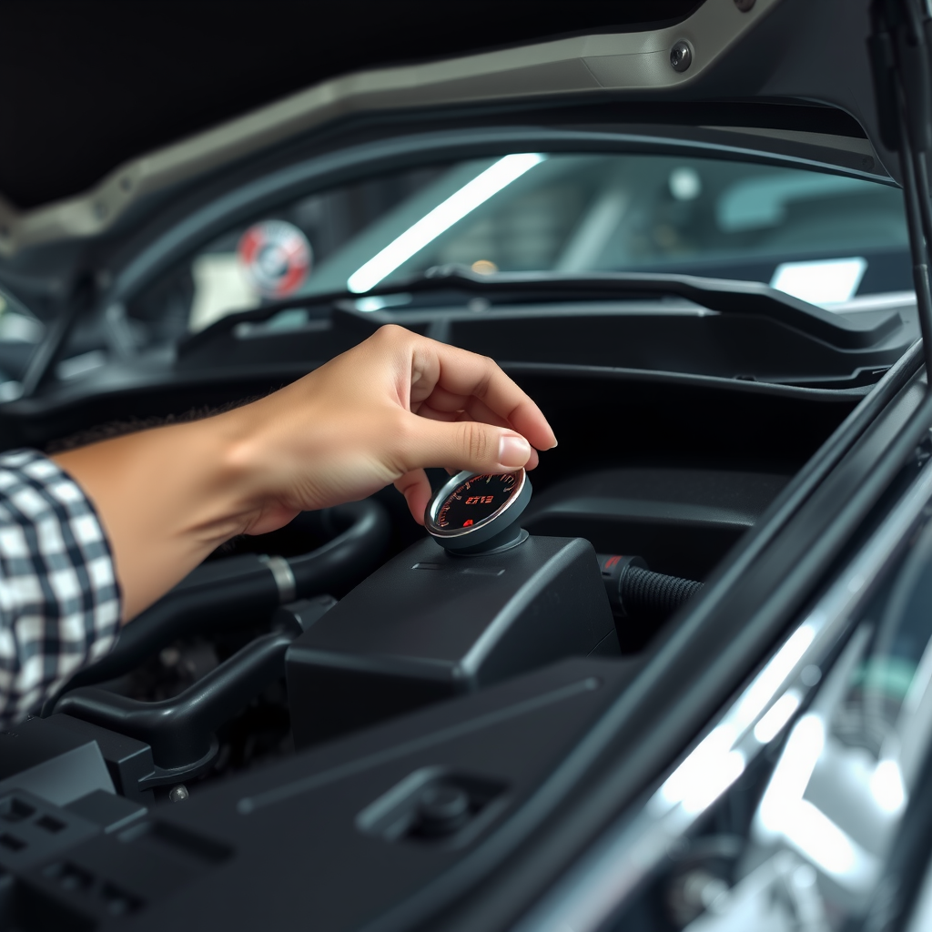 Primer plano de una mano revisando el nivel de aceite de un motor de auto con el capó abierto, en un garaje bien iluminado.