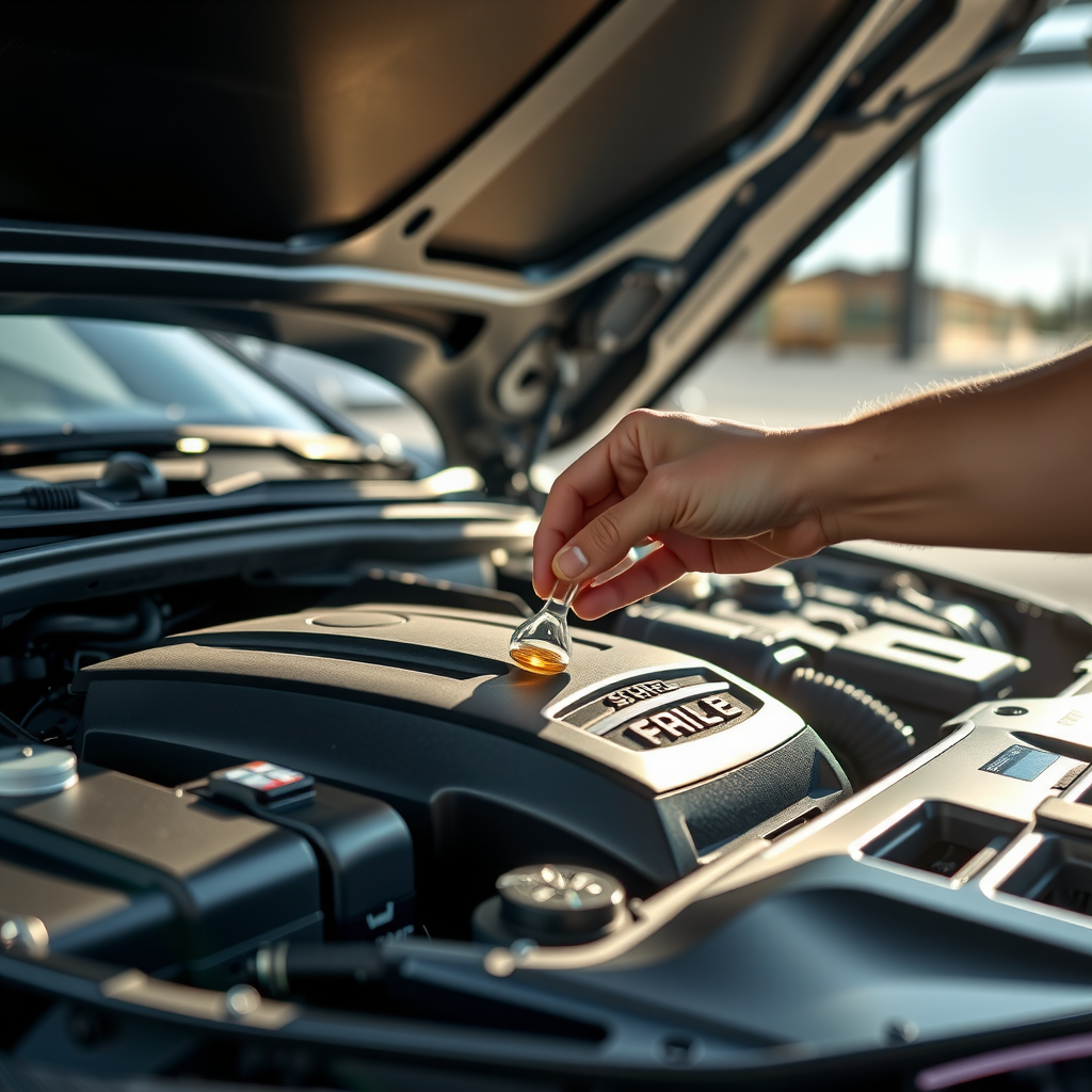 Primer plano de una persona revisando el nivel de aceite de un motor de auto limpio y moderno, con el capó abierto y la luz del sol iluminando los componentes.