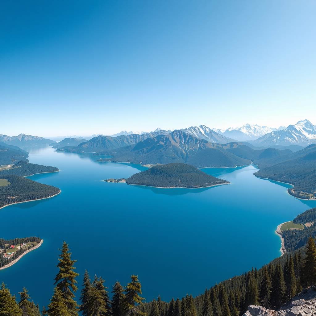 Vista panorámica del Lago Correntoso en la Ruta de los Siete Lagos, con aguas de un azul profundo y montañas nevadas en el horizonte.