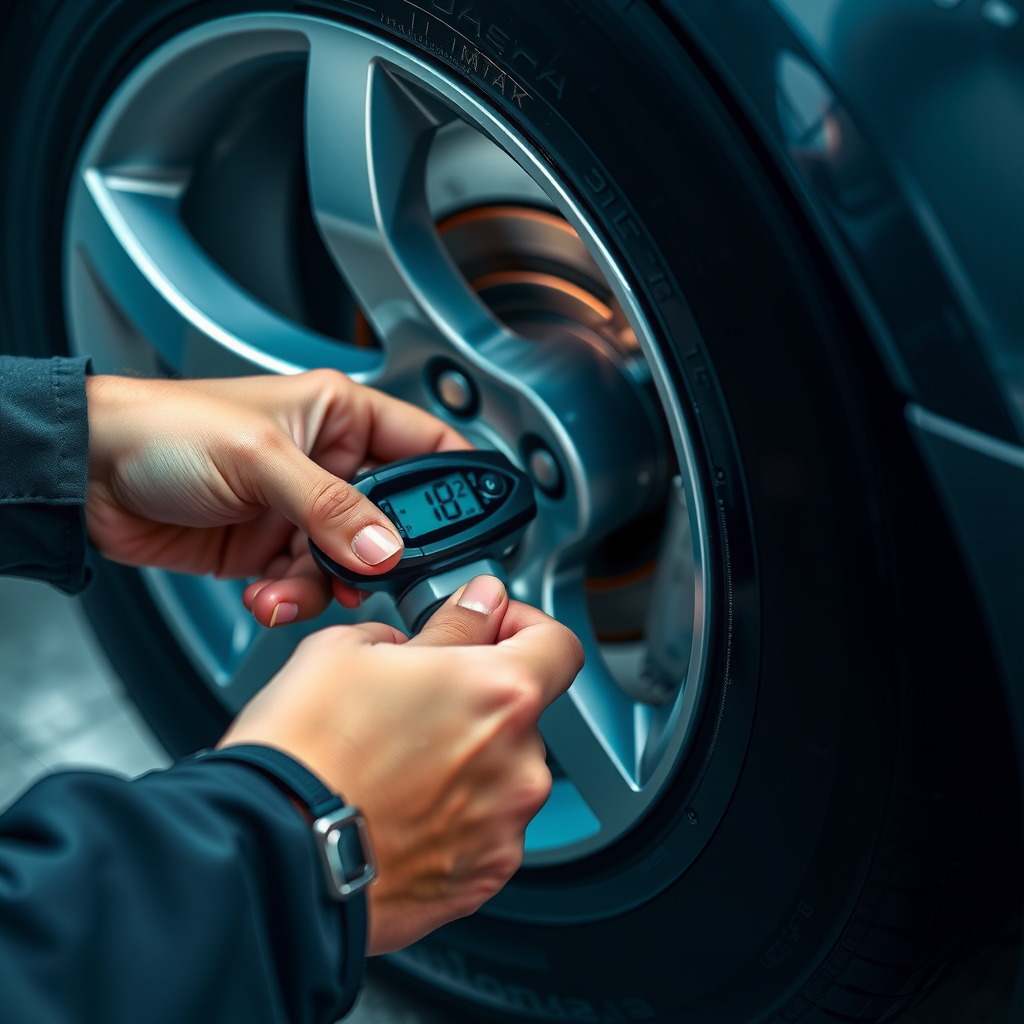 Una persona usando un medidor de presión de neumáticos digital en la válvula de un neumático de auto.