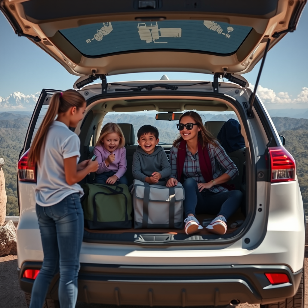 Una familia descargando equipo de picnic de un SUV blanco en un mirador con vistas a las Sierras de Córdoba.