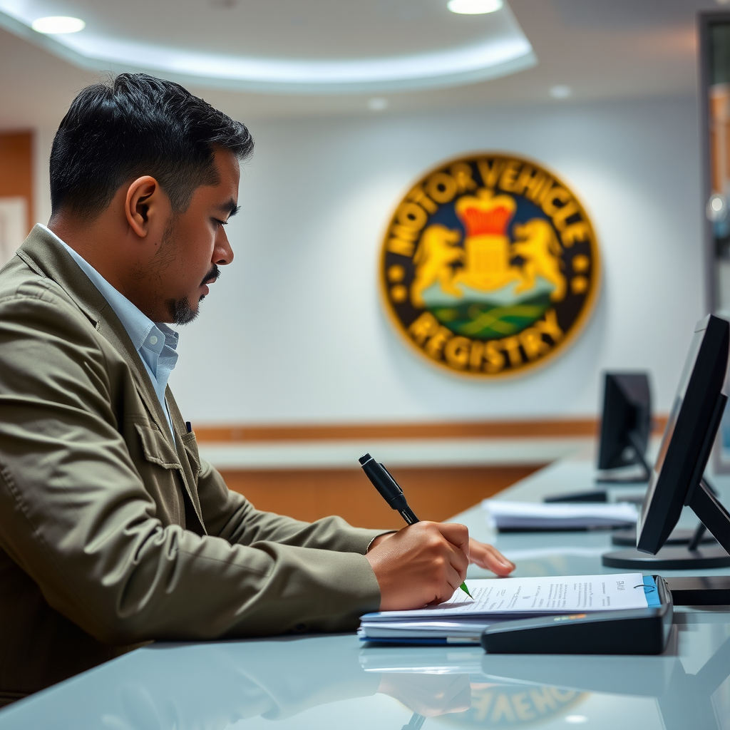 Una persona firmando un documento oficial en el mostrador de una oficina gubernamental, con el logo del Registro de la Propiedad Automotor visible en el fondo.