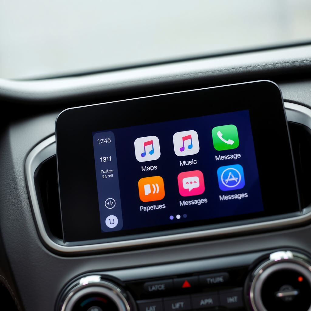 Primer plano de una pantalla de infoentretenimiento de un coche mostrando la interfaz de Apple CarPlay con iconos de aplicaciones como mapas, música y mensajes.