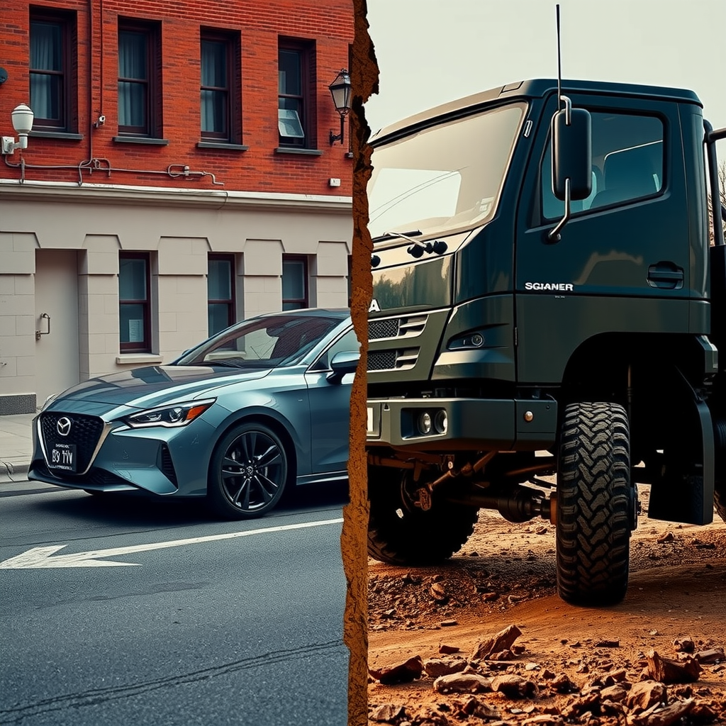 Un auto sedán moderno estacionado en una calle urbana y una camioneta robusta en un camino de tierra, divididos en una imagen comparativa.