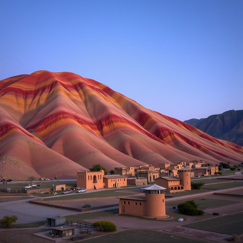 El Cerro de los Siete Colores en Purmamarca, Jujuy, con sus estratos minerales de colores vibrantes al amanecer y el pueblo de adobe a sus pies.