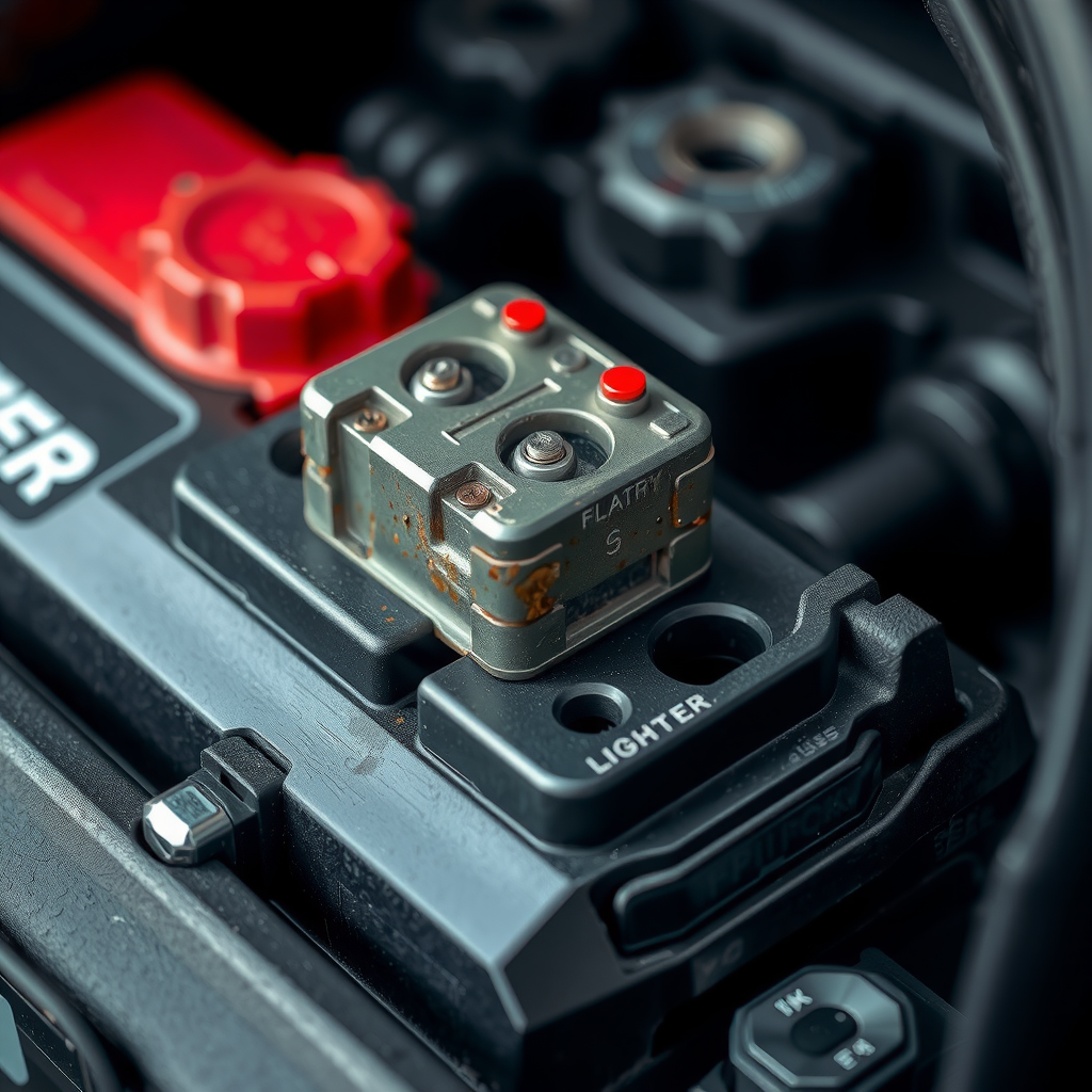 Vista detallada de los terminales de una batería de auto, uno de ellos con un ligero signo de corrosión que necesita limpieza.