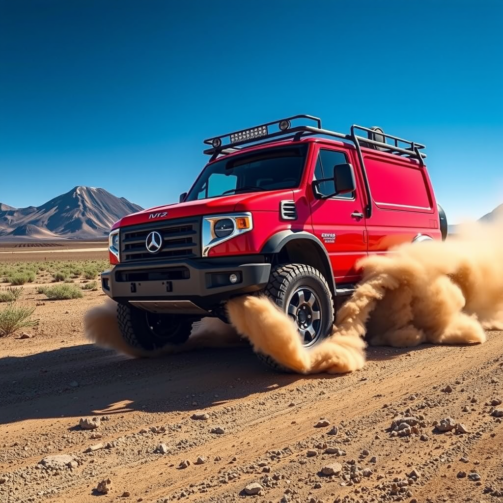 Una camioneta 4x4 de color rojo levantando polvo en un camino de ripio en la Puna de Atacama, con volcanes y un cielo azul intenso de fondo.