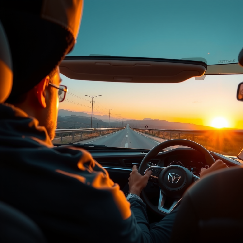 Vista desde el asiento del conductor de una persona manejando su nuevo auto en una ruta pintoresca al atardecer, simbolizando la libertad y el disfrute.