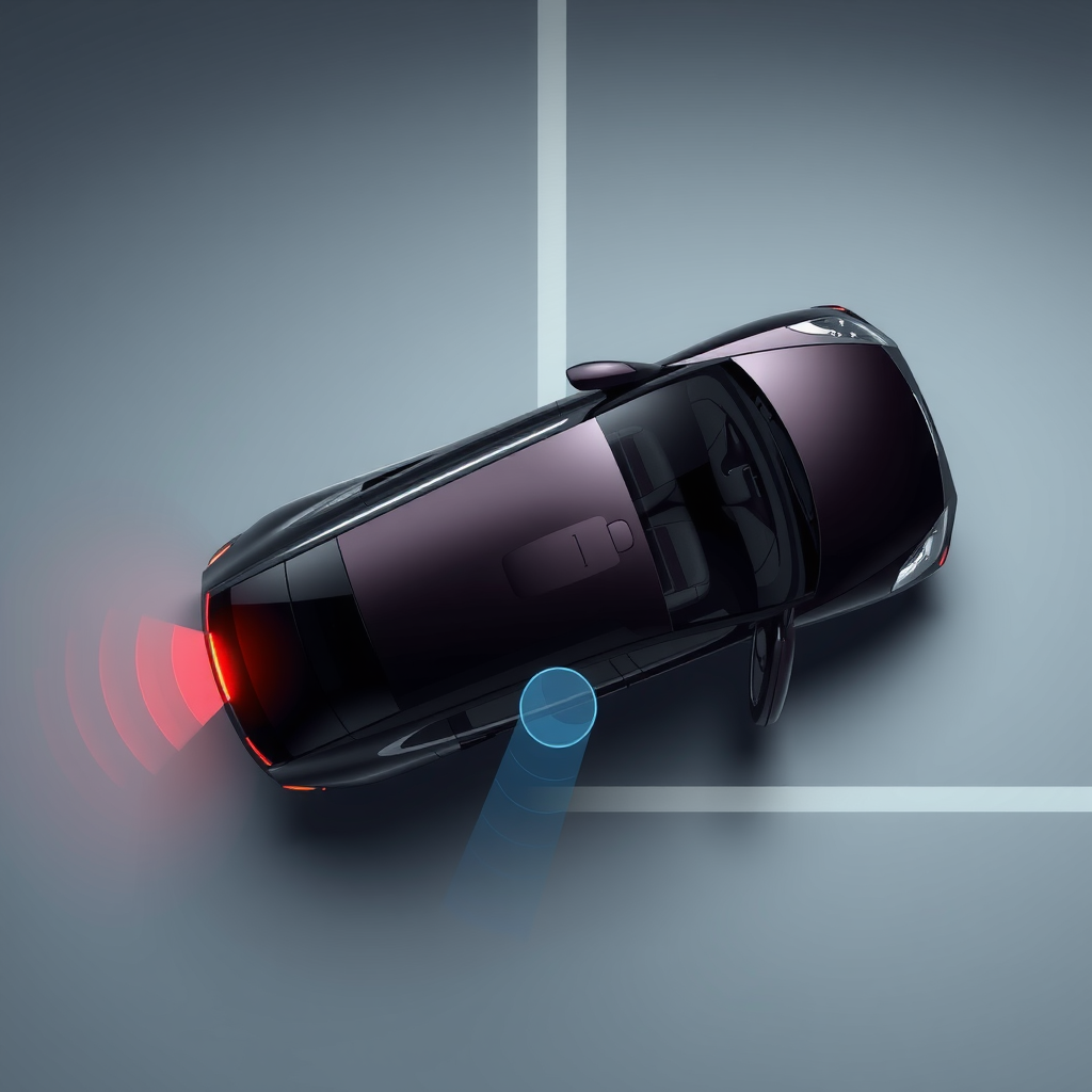 Diagrama que muestra un coche saliendo de un estacionamiento en reversa, con sensores que detectan un vehículo que se aproxima y una alerta visual en la pantalla del tablero.