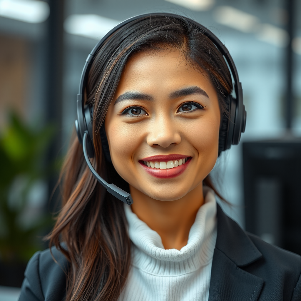 Retrato de una mujer amable con auriculares, la Jefa de Atención al Cliente.