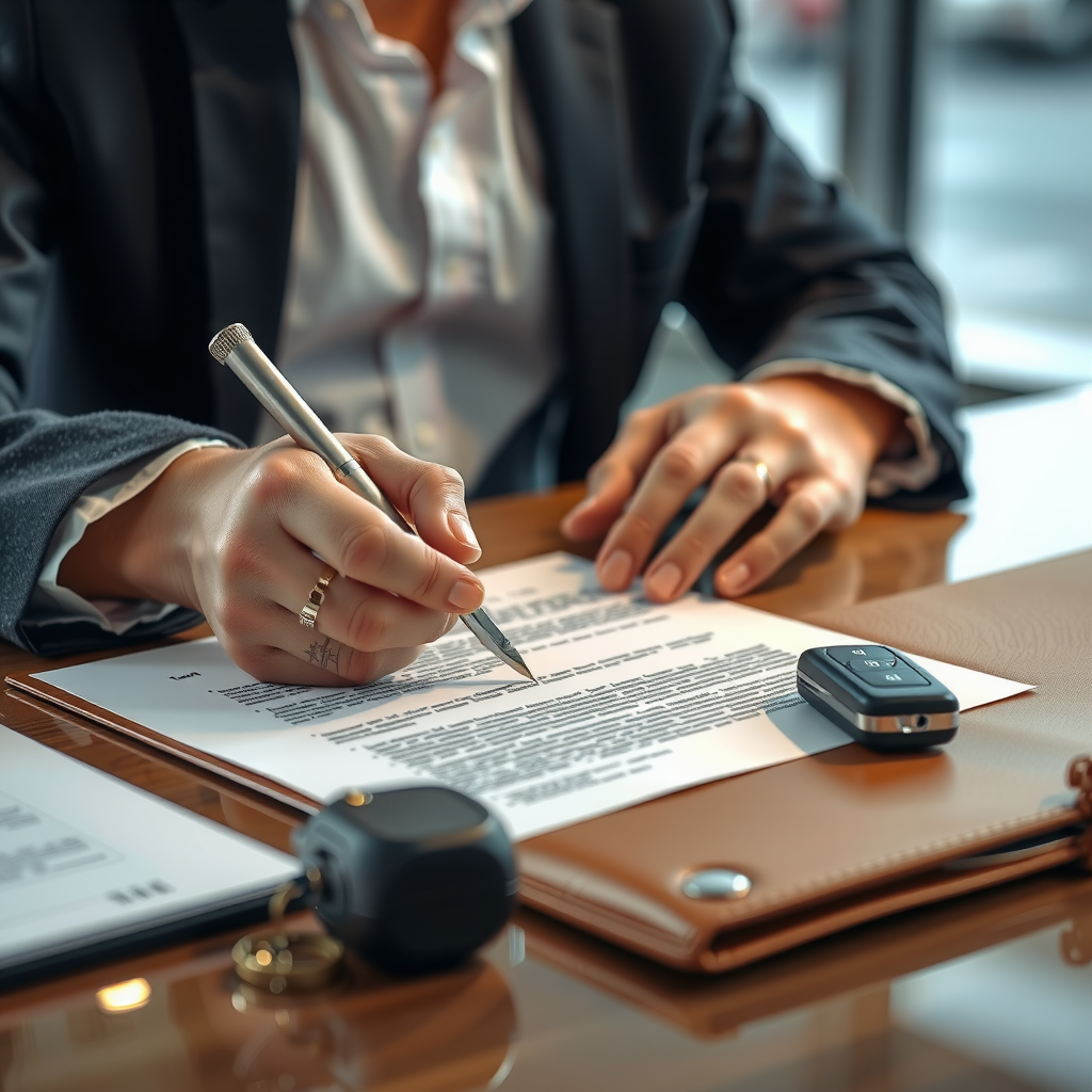 Una persona firmando un documento de transferencia de vehículo en un escritorio, con llaves de auto y una carpeta con papeles al lado. El ambiente es profesional y bien iluminado.