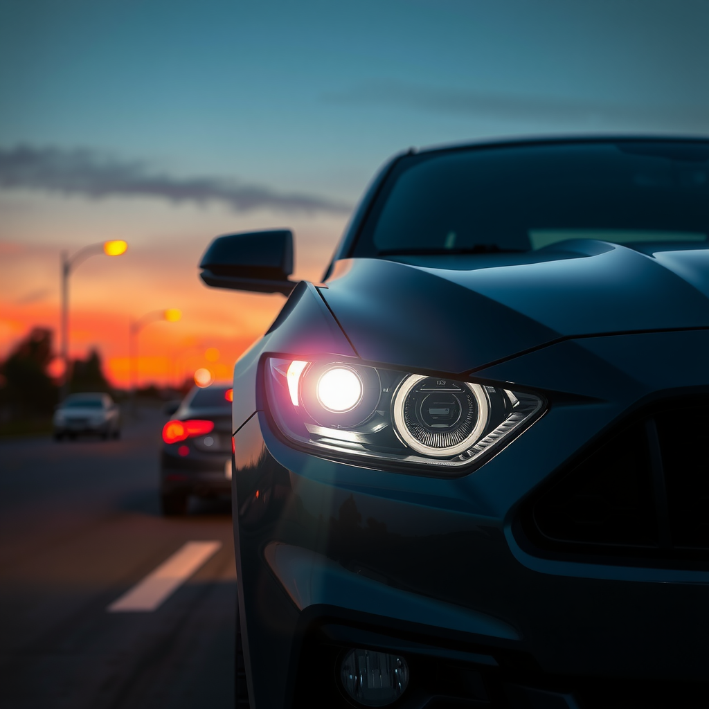 Faros delanteros de un auto encendidos en el crepúsculo, iluminando el camino por delante.